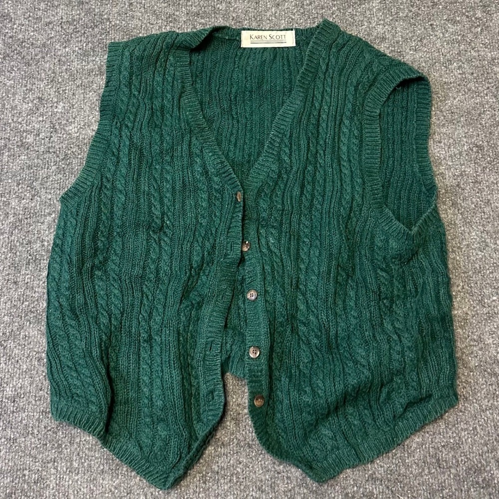 Karen Scott Sweater Vest Womens Size L Green Cable Knit Button Front Sleeveless